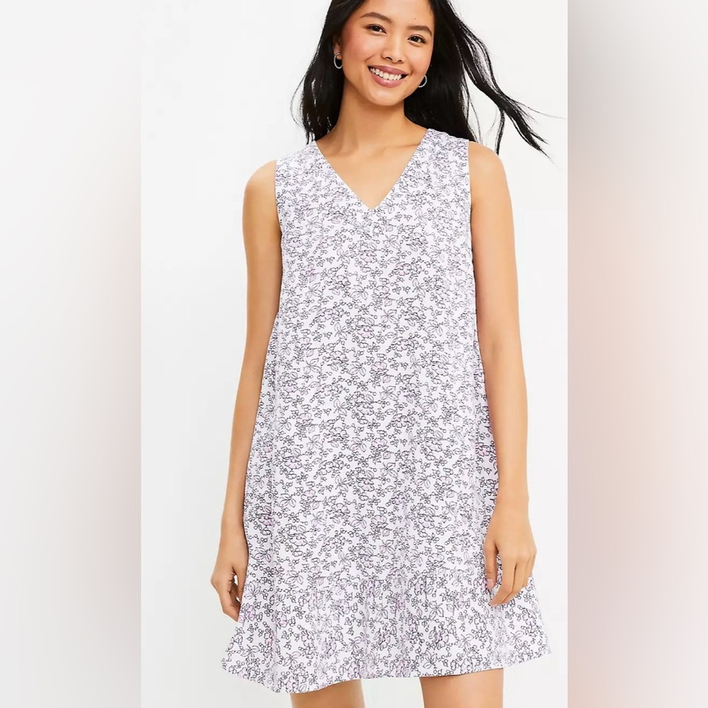 LOFT Floral Double V Flounce Dress Sleeveless White Purple, Size S